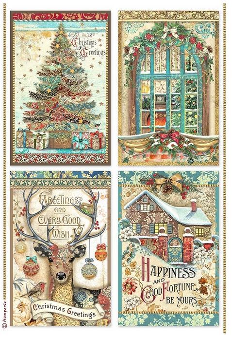 Stamperia Christmas Greetings A4 Rice Paper 4 Cards (DFSA4796)