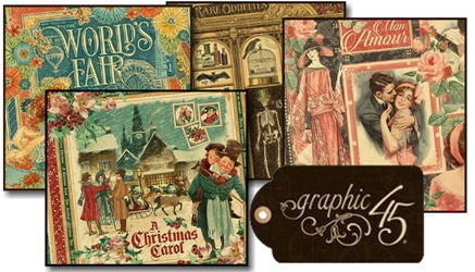 Graphic 45, scrapbook and card making papers, stamps and embellishments