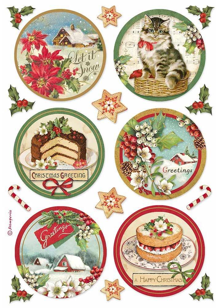 Stamperia A4 Rice Paper - HAPPY CHRISTMAS ROUND (DFSA4477)